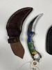 ASSORTED SKINNING KNIVES - 1- RESIN HANDLE / 1- PAKKA WOOD HANDLE - CUSTOM HANDMADE DAMASCUS STEEL - LAMINATED LEATHER SHEATH - 3