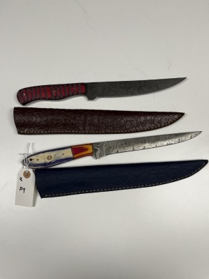 ASSORTED FILET KNIVES - CUSTOM HANDMADE DAMASCUS STEEL - PAKKA WOOD HANDLE - LAMINATED LEATHER SHEATH