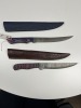 ASSORTED FILET KNIVES - CUSTOM HANDMADE DAMASCUS STEEL - PAKKA WOOD HANDLE - LAMINATED LEATHER SHEATH
