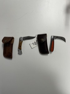 ASSORTED POCKET KNIVES - 1- PRUNING - CUSTOM HANDMADE DAMASCUS STEEL - PAKKA WOOD HANDLE - LAMINATED LEATHER SHEATH