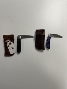 POCKET KNIVES - CUSTOM HANDMADE DAMASCUS STEEL - RESIN HANDLE - LAMINATED LEATHER SHEATH