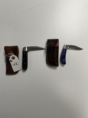 POCKET KNIVES - CUSTOM HANDMADE DAMASCUS STEEL - RESIN HANDLE - LAMINATED LEATHER SHEATH