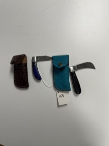 ASSORTED KNIVES - 1- POCKET / 1- PRUNING - CUSTOM HANDMADE DAMASCUS STEEL - RESIN HANDLE - LAMINATED LEATHER SHEATH