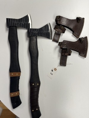 AXES - CUSTOM HANDMADE DAMASCUS STEEL - WOOD HANDLE - LAMINATED LEATHER SHEATH