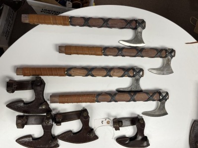 AXES - CUSTOM HANDMADE DAMASCUS STEEL - WOOD HANDLE WITH LEATHER GRIP - DESIGN - LAMINATED LEATHER SHEATH