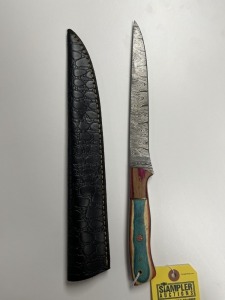 8'' FILET KNIFE - CUSTOM HANDMADE DAMASCUS STEEL - PAKKA WOOD HANDLE - LAMINATED LEATHER SHEATH