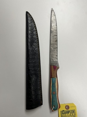 8'' FILET KNIFE - CUSTOM HANDMADE DAMASCUS STEEL - PAKKA WOOD HANDLE - LAMINATED LEATHER SHEATH
