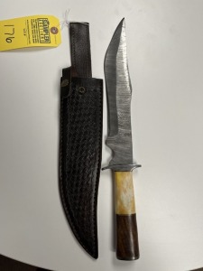 11'' BOWIE KNIFE - CUSTOM HANDMADE DAMASCUS STEEL - WOOD & RESIN HANDLE - LAMINATED LEATHER SHEATH