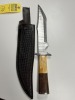 11'' BOWIE KNIFE - CUSTOM HANDMADE DAMASCUS STEEL - WOOD & RESIN HANDLE - LAMINATED LEATHER SHEATH - 2
