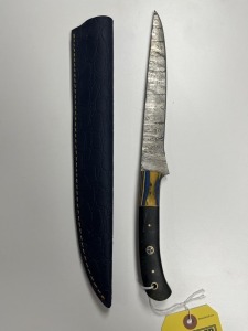 8'' FILET KNIFE - CUSTOM HANDMADE DAMASCUS STEEL - PAKKA WOOD & RESIN HANDLE - LAMINATED LEATHER SHEATH