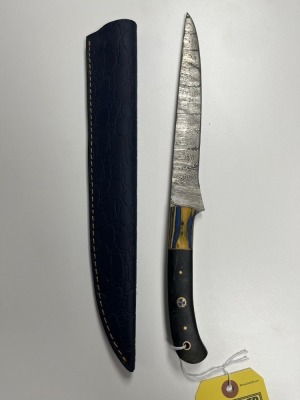 8'' FILET KNIFE - CUSTOM HANDMADE DAMASCUS STEEL - PAKKA WOOD & RESIN HANDLE - LAMINATED LEATHER SHEATH
