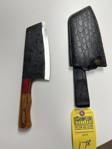 7'' CLEAVER - CUSTOM HANDMADE DAMASCUS STEEL - PAKKA WOOD HANDLE - LAMINATED LEATHER SHEATH