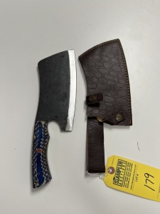 7'' CLEAVER - CUSTOM HANDMADE DAMASCUS STEEL - PAKKA WOOD HANDLE - LAMINATED LEATHER SHEATH