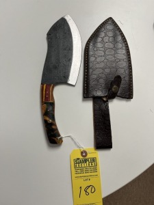 7'' CLEAVER - CUSTOM HANDMADE DAMASCUS STEEL - PAKKA WOOD & RESIN HANDLE - LAMINATED LEATHER SHEATH