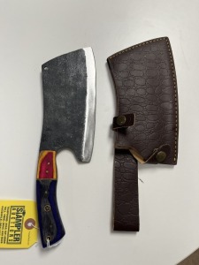 7.5'' CLEAVER - CUSTOM HANDMADE DAMASCUS STEEL - PAKKA WOOD HANDLE - LAMINATED LEATHER SHEATH