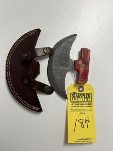 6'' ULU CHEF KNIFE - CUSTOM HANDMADE DAMASCUS STEEL - PAKKA WOOD HANDLE - LAMINATED LEATHER SHEATH