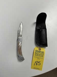 4'' POCKET KNIFE - CUSTOM HANDMADE DAMASCUS STEEL - RESIN HANDLE - LAMINATED LEATHER SHEATH
