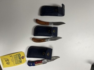 ASSORTED 3'' POCKET KNIVES - CUSTOM HANDMADE DAMASCUS STEEL - PAKKA WOOD HANDLE - LAMINATED LEATHER SHEATH
