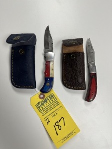 ASSORTED POCKET KNIVES - 1- 3'' / 2- 2.5'' - CUSTOM HANDMADE DAMASCUS STEEL - PAKKA WOOD HANDLE - LAMINATED LEATHER SHEATH