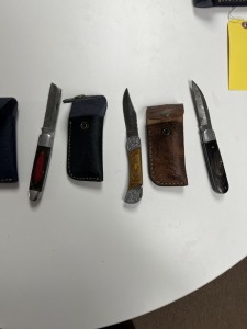 ASSORTED 3'' POCKET KNIVES - 1- BULL CUTTER POCKET KNIFE - CUSTOM HANDMADE DAMASCUS STEEL - LAMINATED LEATHER SHEATH