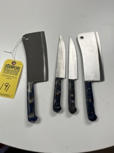 ASSORTED CHEF KNIVES - 2- CLEAVERS - CUSTOM HANDMADE DAMASCUS STEEL - RESIN HANDLE