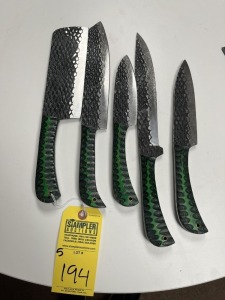 ASSORTED CHEF KNIVES - CUSTOM HANDMADE DAMASCUS STEEL - PAKKA WOOD HANDLE - REPTILE LOOK ON BLADES