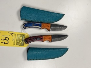 ASSORTED 3.5'' SKINNING KNIVES - CUSTOM HANDMADE DAMASCUS STEEL - PAKKA WOOD HANDLE - LAMINATED LEATHER SHEATH