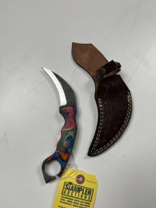 3'' KARAMBIT HUNTING KNIFE - CUSTOM HANDMADE DAMASCUS STEEL - PAKKA WOOD HANDLE - LAMINATED LEATHER SHEATH