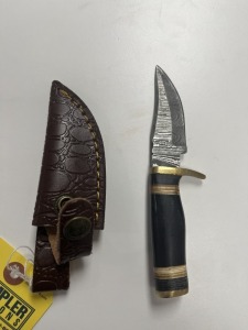 3'' HUNTING KNIFE - CUSTOM HANDMADE DAMASCUS STEEL - RESIN HANDLE - LAMINATED LEATHER SHEATH