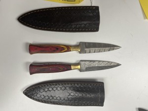 4'' DAGGERS - CUSTOM HANDMADE DAMASCUS STEEL - RESIN HANDLE - LAMINATED LEATHER SHEATH
