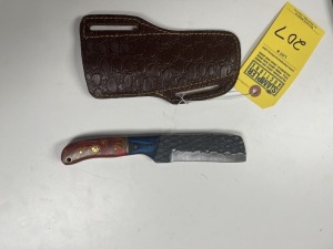 4.5'' BULL CUTTING KNIFE - CUSTOM HANDMADE DAMASCUS STEEL - PAKKA WOOD & RESIN HANDLE - LAMINATED LEATHER SHEATH