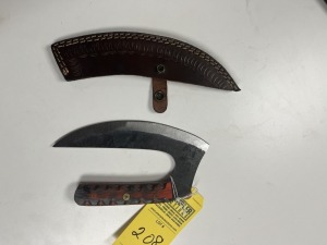 7.5'' ULU KNIFE - CUSTOM HANDMADE DAMASCUS STEEL - PAKKA WOOD HANDLE - LAMINATED LEATHER SHEATH