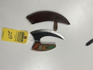 7.25'' ULU KNIFE - CUSTOM HANDMADE DAMASCUS STEEL - PAKKA WOOD HANDLE - LAMINATED LEATHER SHEATH