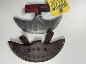6'' ULU KNIFE - CUSTOM HANDMADE DAMASCUS STEEL - PAKKA WOOD HANDLE - LAMINATED LEATHER SHEATH