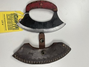6'' ULU KNIFE - CUSTOM HANDMADE DAMASCUS STEEL - PAKKA WOOD HANDLE - LAMINATED LEATHER SHEATH