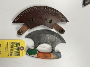 6'' ULU KNIFE - CUSTOM HANDMADE DAMASCUS STEEL - PAKKA WOOD HANDLE - LAMINATED LEATHER SHEATH
