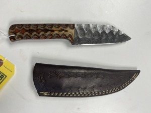 4'' HUNTING KNIFE - CUSTOM HANDMADE DAMASCUS STEEL - PAKKA WOOD HANDLE - LAMINATED LEATHER SHEATH