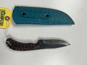 4'' HUNTING KNIFE - CUSTOM HANDMADE DAMASCUS STEEL - PAKKA WOOD HANDLE - LAMINATED LEATHER SHEATH