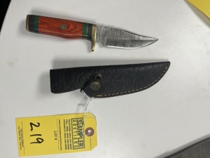 4'' HUNTING / SKINNING KNIFE - CUSTOM HANDMADE DAMASCUS STEEL - PAKKA WOOD HANDLE - LAMINATED LEATHER SHEATH