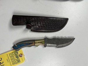 5'' BOWIE KNIFE - CUSTOM HANDMADE DAMASCUS STEEL - PAKKA WOOD HANDLE - LAMINATED LEATHER SHEATH