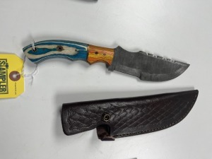 5'' BOWIE KNIFE - CUSTOM HANDMADE DAMASCUS STEEL - PAKKA WOOD HANDLE - LAMINATED LEATHER SHEATH