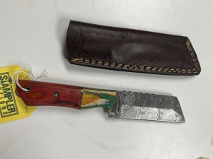 4'' CLEAVER STYLE KNIFE - CUSTOM HANDMADE DAMASCUS STEEL - PAKKA WOOD HANDLE - LAMINATED LEATHER SHEATH