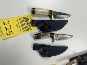 3'' KNIVES - CUSTOM HANDMADE DAMASCUS STEEL - 1- RESIN HANDLE / 1- BONE HANDLE - LAMINATED LEATHER SHEATH