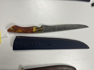 8'' FILET KNIFE - CUSTOM HANDMADE DAMASCUS STEEL - PAKKA WOOD & RESIN HANDLE - LAMINATED LEATHER SHEATH