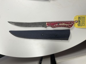 8'' FILET KNIFE - CUSTOM HANDMADE DAMASCUS STEEL - PAKKA WOOD HANDLE - LAMINATED LEATHER SHEATH