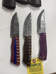 ASSORTED 4'' HUNTING & SKINNING KNIVES - CUSTOM HANDMADE DAMASCUS STEEL - PAKKA WOOD HANDLE - LAMINATED LEATHER SHEATH