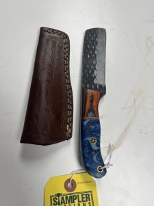 4'' BULL CUTTER KNIFE - CUSTOM HANDMADE DAMASCUS STEEL - PAKKA WOOD HANDLE - LAMINATED LEATHER SHEATH