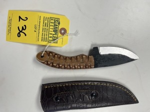 4'' HUNTING & SKINNING KNIFE - CUSTOM HANDMADE DAMASCUS STEEL - PAKKA WOOD HANDLE - LAMINATED LEATHER SHEATH