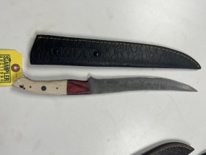 8'' FILET KNIFE - CUSTOM HANDMADE DAMASCUS STEEL - PAKKA WOOD & RESIN HANDLE - LAMINATED LEATHER SHEATH