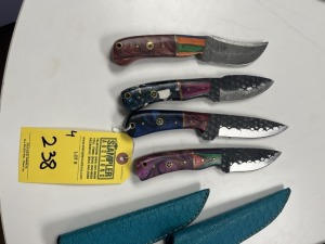 ASSORTED HUNTING & SKINNING KNIVES - 3- 4'' / 1- 5'' - CUSTOM HANDMADE DAMASCUS STEEL - RESIN HANDLE - LAMINATED LEATHER SHEATH